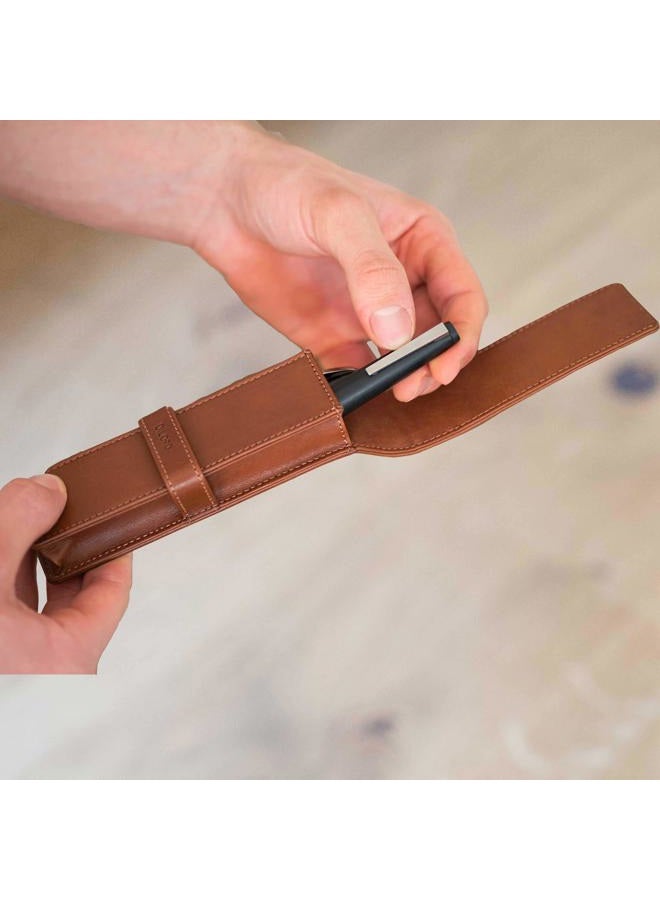 DiLoro Leather Double Pen Case Pencil Pouch Holder for Two Fountain Pens Ballpoint Rollerball and Pencils (Bugatti Tan) - Image 5