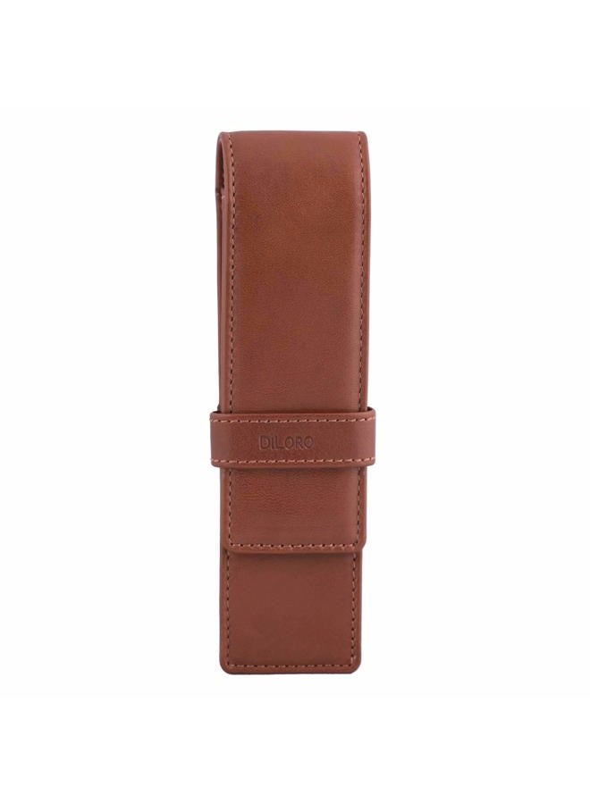 DiLoro Leather Double Pen Case Pencil Pouch Holder for Two Fountain Pens Ballpoint Rollerball and Pencils (Bugatti Tan) - Image 1