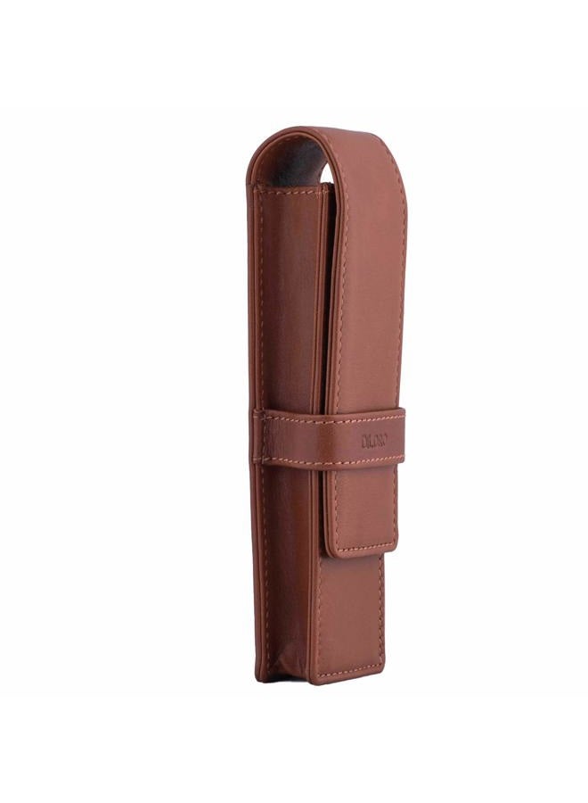 DiLoro Leather Double Pen Case Pencil Pouch Holder for Two Fountain Pens Ballpoint Rollerball and Pencils (Bugatti Tan) - Image 4