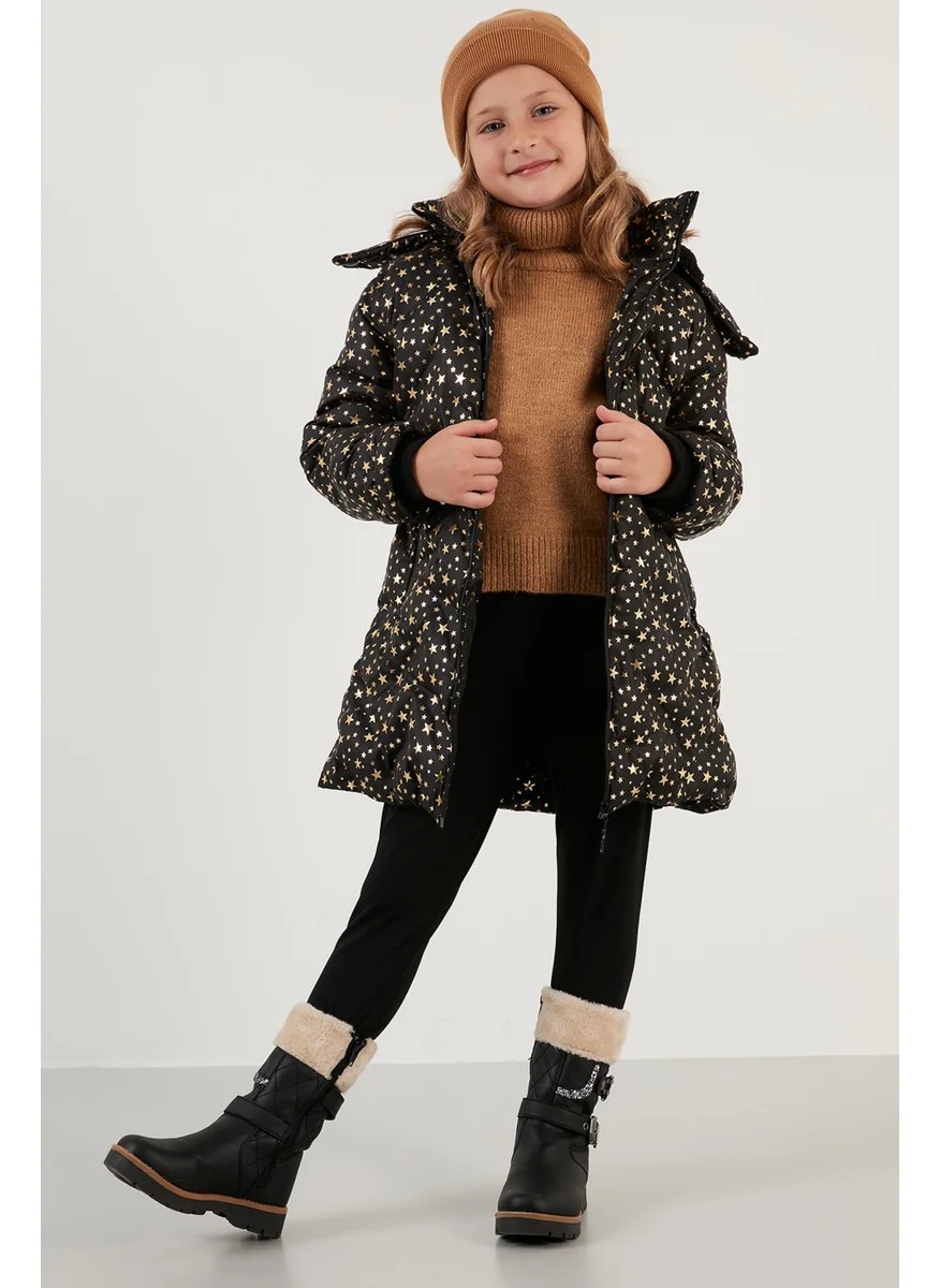 Lela Collar Faux Fur Star Pattern Removable Hooded Plush Lined Winter Coat Girl's Coat 5760050