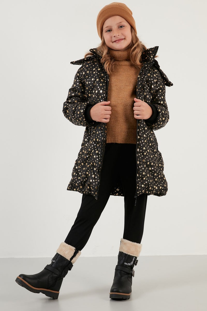 Lela Collar Faux Fur Star Pattern Removable Hooded Plush Lined Winter Coat Girl's Coat 5760050  - Image 1
