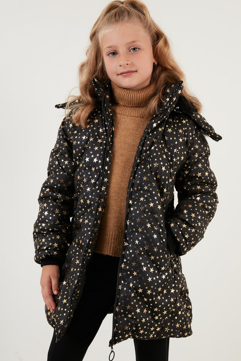 Lela Collar Faux Fur Star Pattern Removable Hooded Plush Lined Winter Coat Girl's Coat 5760050  - Image 2