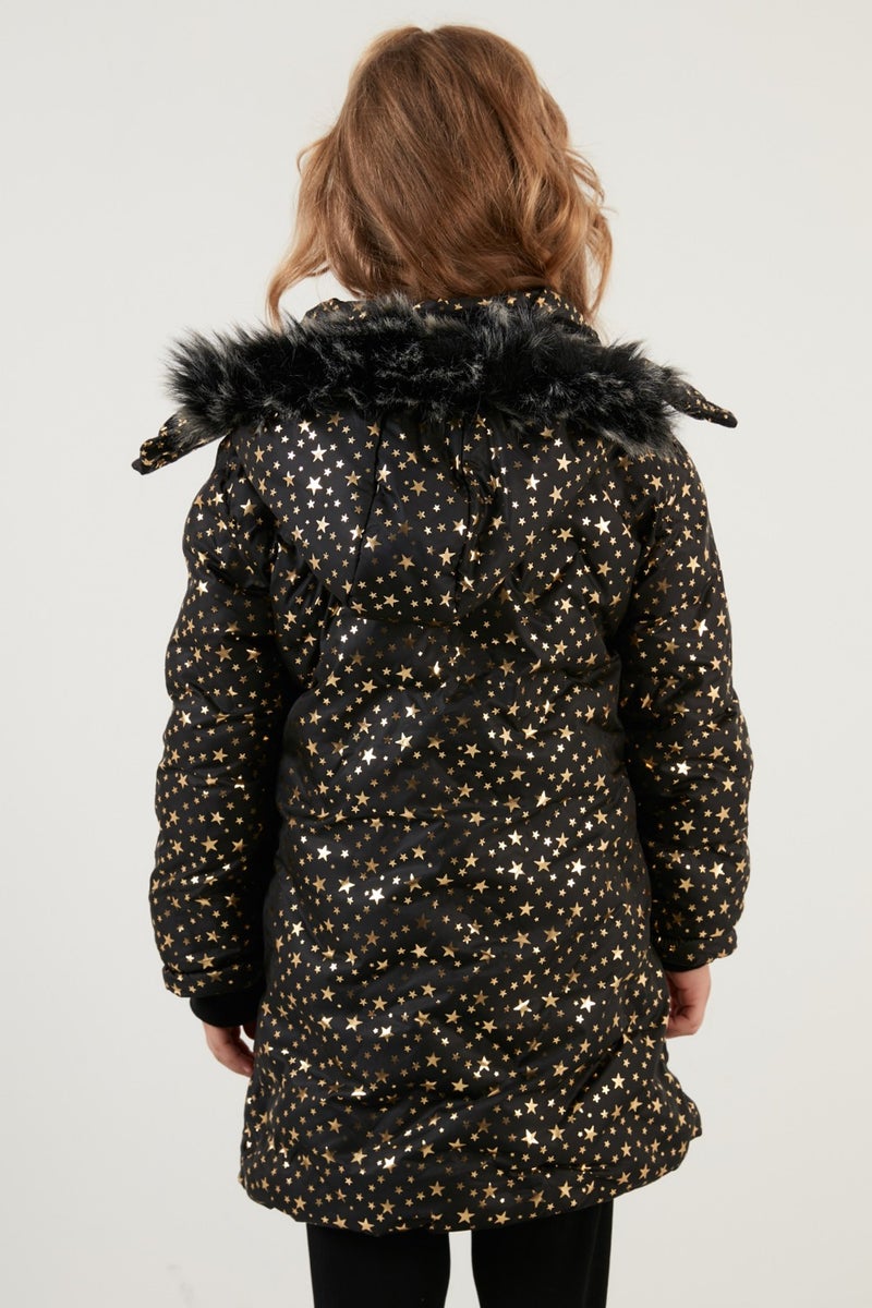 Lela Collar Faux Fur Star Pattern Removable Hooded Plush Lined Winter Coat Girl's Coat 5760050  - Image 3