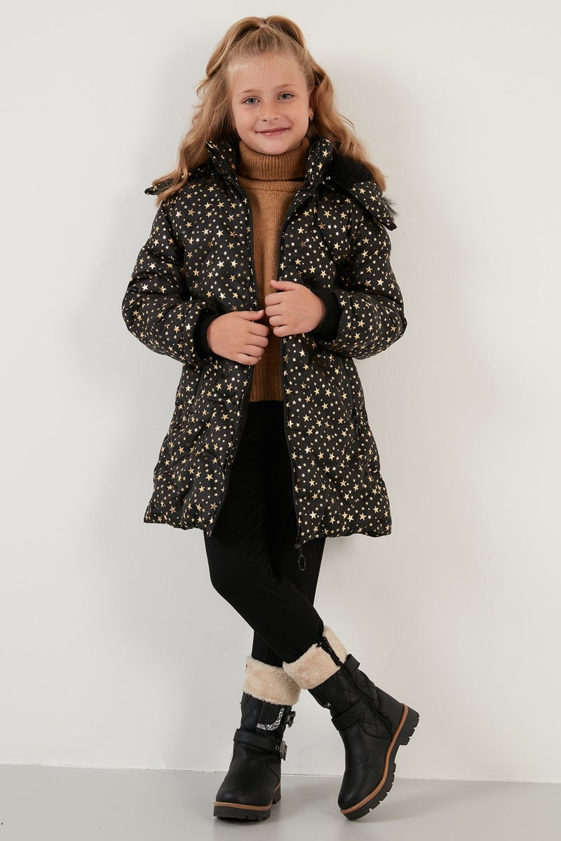 Lela Collar Faux Fur Star Pattern Removable Hooded Plush Lined Winter Coat Girl's Coat 5760050  - Image 4
