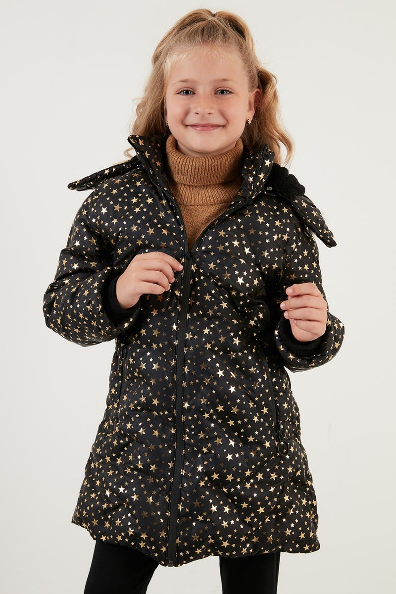 Lela Collar Faux Fur Star Pattern Removable Hooded Plush Lined Winter Coat Girl's Coat 5760050  - Image 5