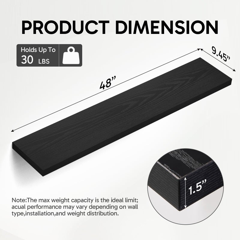 BAYKA Floating Shelves, 48 inches Long Heavy Duty Wall Mounted Rustic Wood Shelves for Bathroom, Bedroom, Living Room, Kitchen, Office, Hanging Shelf for Books/Storage/Decor(Black,Set of 2) - Image 4