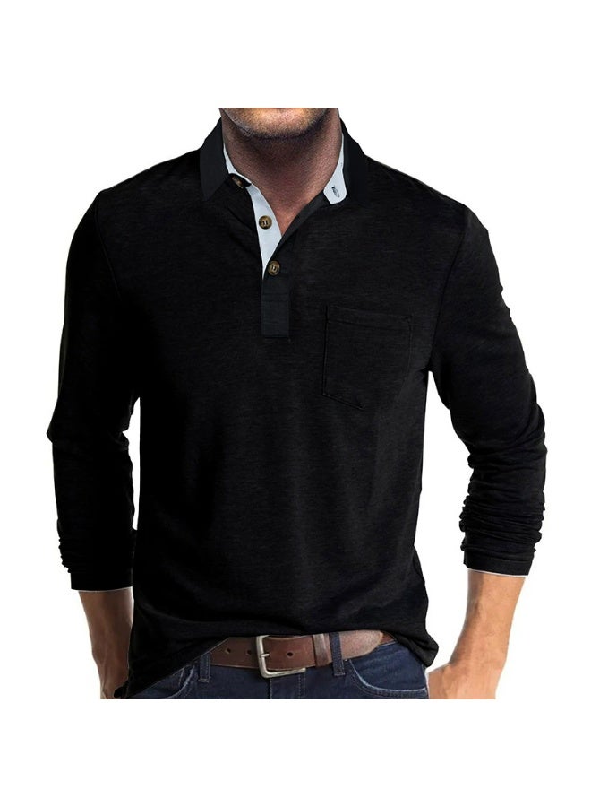 general Men's Casual Polo Shirts Classic Button Basic Long Sleeve Shirt Solid Color Cotton Tees Stylish Tops - Image 1