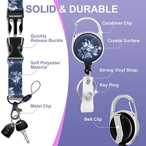 Toykee ID Badge Holder with Lanyard and Retractable Badge Reel Clip, Retro Floral Flowers Card Name Tag Lanyard Vertical ID Protector Bage Clips for Women Nurse Doctor Teacher Student Dark Blue - Image 4