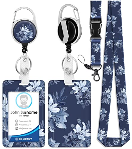 Toykee ID Badge Holder with Lanyard and Retractable Badge Reel Clip, Retro Floral Flowers Card Name Tag Lanyard Vertical ID Protector Bage Clips for Women Nurse Doctor Teacher Student Dark Blue - Image 1