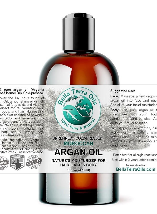 Bella Terra Oils Argan Oil 16 oz - Cold-Pressed & Authentic, Hailing from Morocco's Argan Forests, Ideal Body & Face Oil, Keeps Frizz at Bay - Image 2