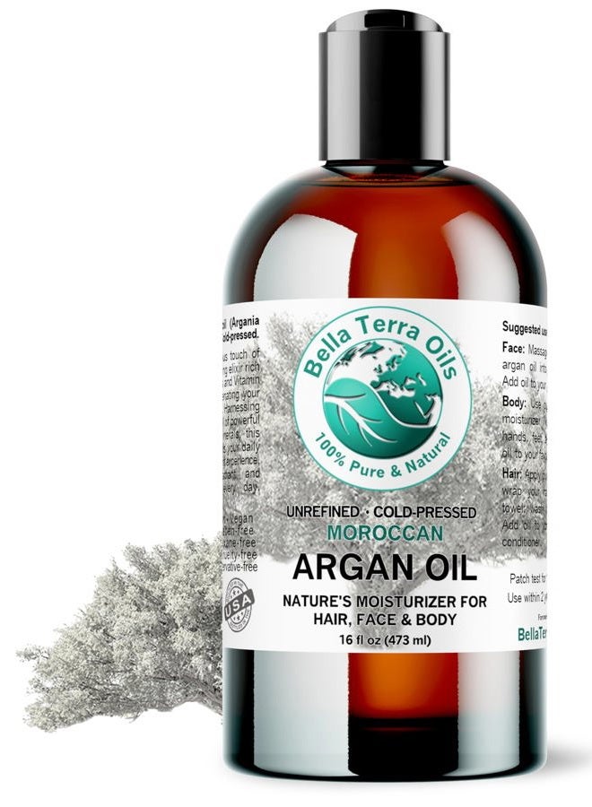 Bella Terra Oils Argan Oil 16 oz - Cold-Pressed & Authentic, Hailing from Morocco's Argan Forests, Ideal Body & Face Oil, Keeps Frizz at Bay - Image 1