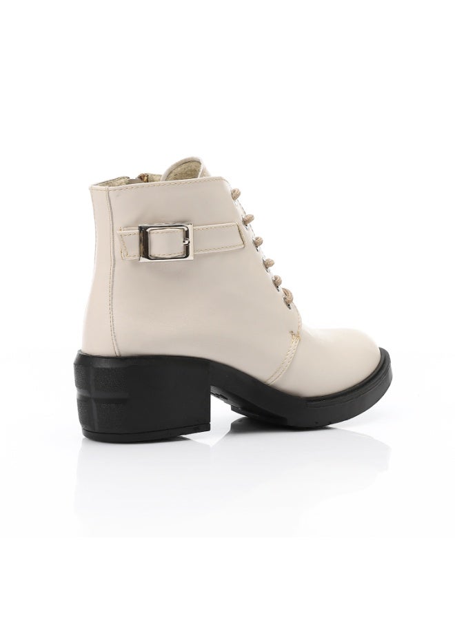 آيس كلوب مشبك زخرفي منتصف الكعب كريم بيج أحذية الكاحل - Image 3