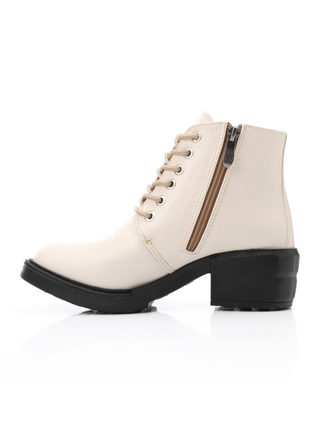 آيس كلوب مشبك زخرفي منتصف الكعب كريم بيج أحذية الكاحل - Image 4