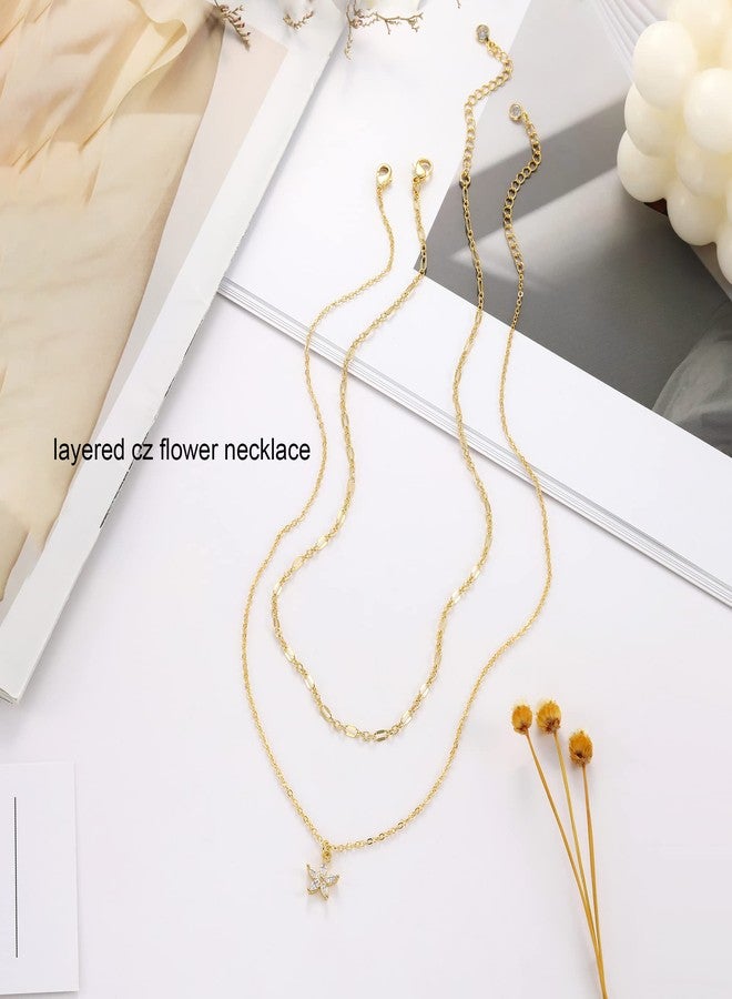 Tewiky Preppy Necklace, 14k Gold Plated Layered Gold Chain CZ Flower Cute Gold Pendant Necklaces for Teens Dainty Layering Gold Chain Necklace Fashion Jewelry for Womens - Image 3