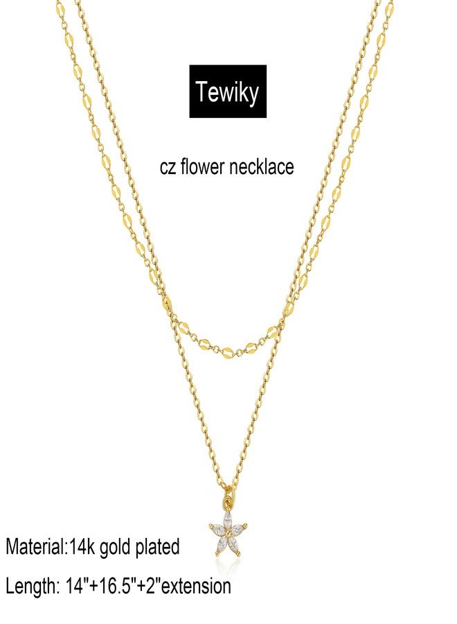 Tewiky Preppy Necklace, 14k Gold Plated Layered Gold Chain CZ Flower Cute Gold Pendant Necklaces for Teens Dainty Layering Gold Chain Necklace Fashion Jewelry for Womens - Image 2