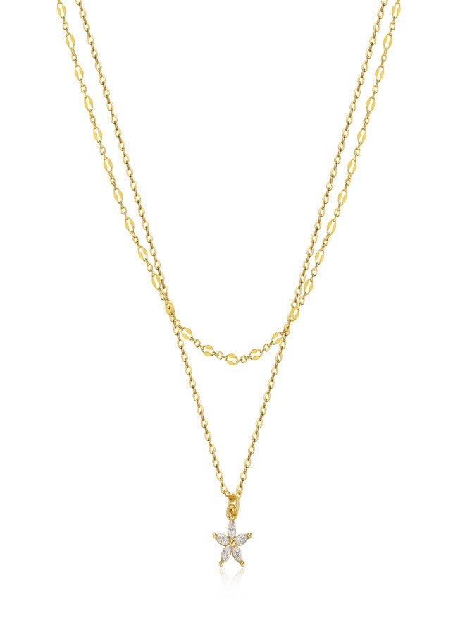 Tewiky Preppy Necklace, 14k Gold Plated Layered Gold Chain CZ Flower Cute Gold Pendant Necklaces for Teens Dainty Layering Gold Chain Necklace Fashion Jewelry for Womens - Image 1