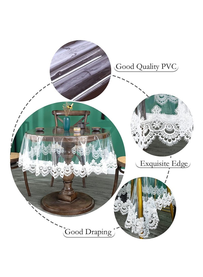 EZdenK 60in Clear Plastic Round Tablecloth Waterproof Vinyl PVC Tablecloth Embroidered Lace Edge Transparent Table Cover for Kitchen Outdoor and Indoor Uses（White lace trim，150cm） - Image 3