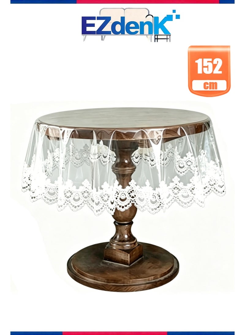 EZdenK 60in Clear Plastic Round Tablecloth Waterproof Vinyl PVC Tablecloth Embroidered Lace Edge Transparent Table Cover for Kitchen Outdoor and Indoor Uses（White lace trim，150cm） - Image 1