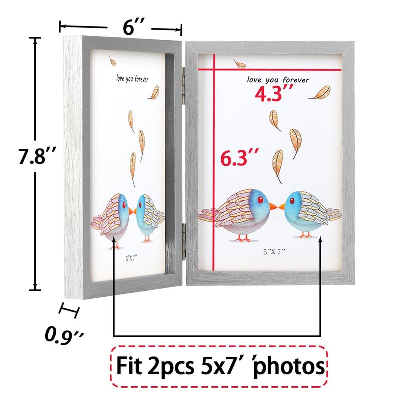 Forev 5x7 Double Picture Frame Wooden Hinged Photo Frame Definition Glass Stand Vertically on Desktop or Tabletop Silver - Image 2