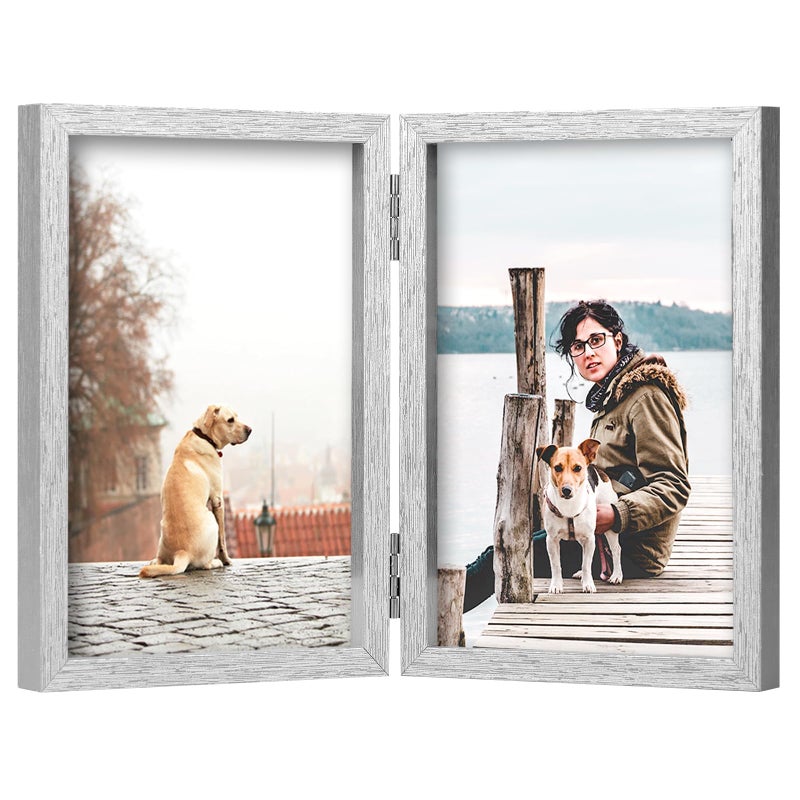 Forev 5x7 Double Picture Frame Wooden Hinged Photo Frame Definition Glass Stand Vertically on Desktop or Tabletop Silver - Image 1