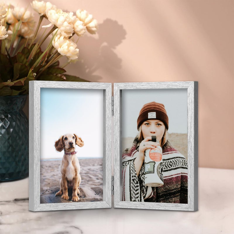 Forev 5x7 Double Picture Frame Wooden Hinged Photo Frame Definition Glass Stand Vertically on Desktop or Tabletop Silver - Image 4