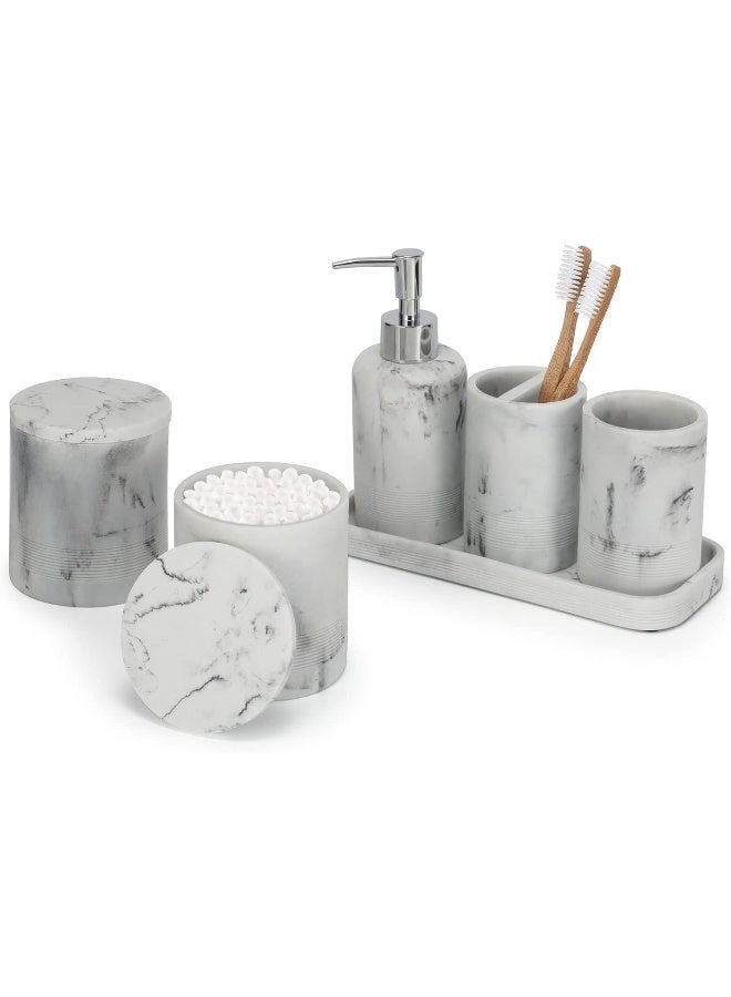 zccz ZCCZ - Bathroom Accessories Set 6 Pcs - White Marble Design Toothbrush Holder, Lotion Soap Dispenser, 2 Qtip Holder Dispenser, Vanity Tray, Bathroom Tumbler - Decorative Countertop Vanity Organizer  - Image 1