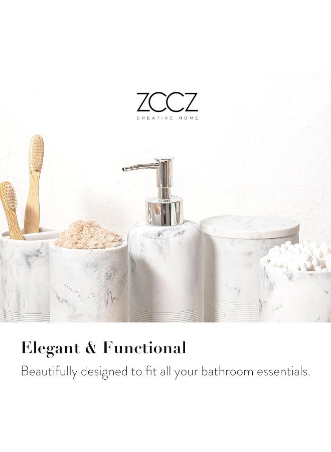 zccz ZCCZ - Bathroom Accessories Set 6 Pcs - White Marble Design Toothbrush Holder, Lotion Soap Dispenser, 2 Qtip Holder Dispenser, Vanity Tray, Bathroom Tumbler - Decorative Countertop Vanity Organizer  - Image 2