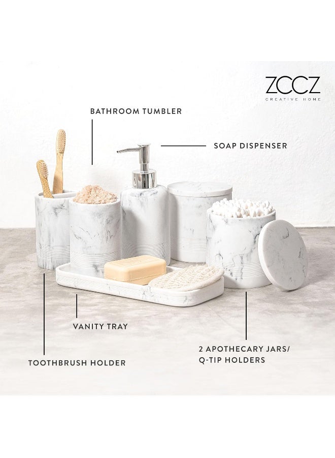 zccz ZCCZ - Bathroom Accessories Set 6 Pcs - White Marble Design Toothbrush Holder, Lotion Soap Dispenser, 2 Qtip Holder Dispenser, Vanity Tray, Bathroom Tumbler - Decorative Countertop Vanity Organizer  - Image 3