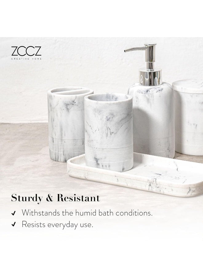 zccz ZCCZ - Bathroom Accessories Set 6 Pcs - White Marble Design Toothbrush Holder, Lotion Soap Dispenser, 2 Qtip Holder Dispenser, Vanity Tray, Bathroom Tumbler - Decorative Countertop Vanity Organizer  - Image 5