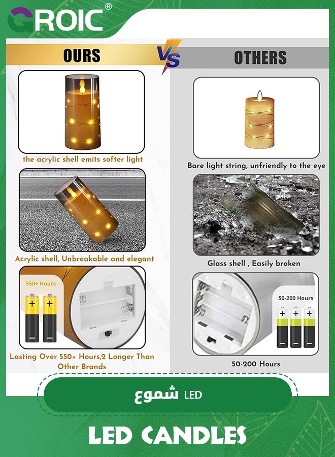 جرويك 3 Pcs Flameless LED Candles with Remote Timer,Flickering Flameless Candles for Romantic Ambiance and Home Decoration Stable Acrylic Shell,Embedded String Lights LED Candles - Image 2