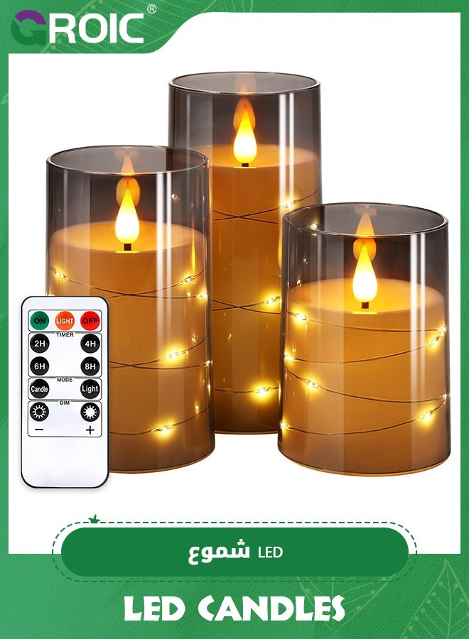جرويك 3 Pcs Flameless LED Candles with Remote Timer,Flickering Flameless Candles for Romantic Ambiance and Home Decoration Stable Acrylic Shell,Embedded String Lights LED Candles - Image 1