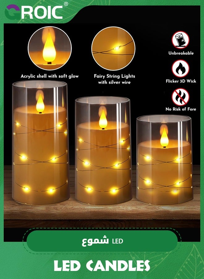 جرويك 3 Pcs Flameless LED Candles with Remote Timer,Flickering Flameless Candles for Romantic Ambiance and Home Decoration Stable Acrylic Shell,Embedded String Lights LED Candles - Image 3