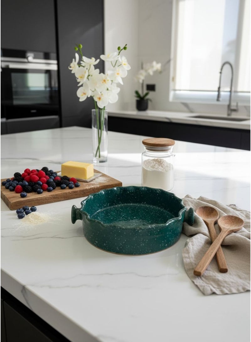CASA HOME CasaHome Porcelain Pie Dish with Fluted Rim & Side Handles – Rustic Speckled Forest Green, Artisan Style for Elegant Baking & Serving - Image 4