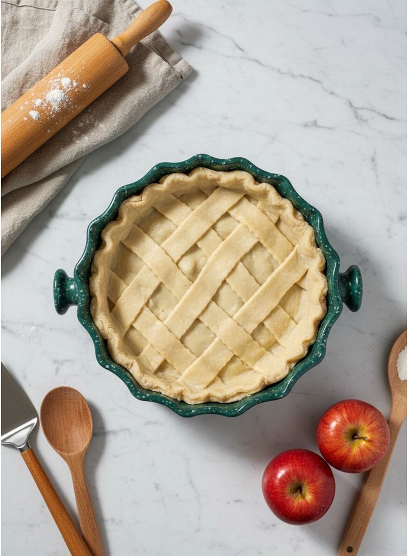 CASA HOME CasaHome Porcelain Pie Dish with Fluted Rim & Side Handles – Rustic Speckled Forest Green, Artisan Style for Elegant Baking & Serving - Image 3