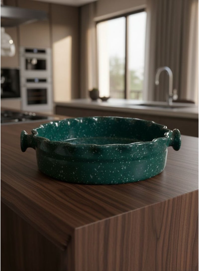 CASA HOME CasaHome Porcelain Pie Dish with Fluted Rim & Side Handles – Rustic Speckled Forest Green, Artisan Style for Elegant Baking & Serving - Image 2