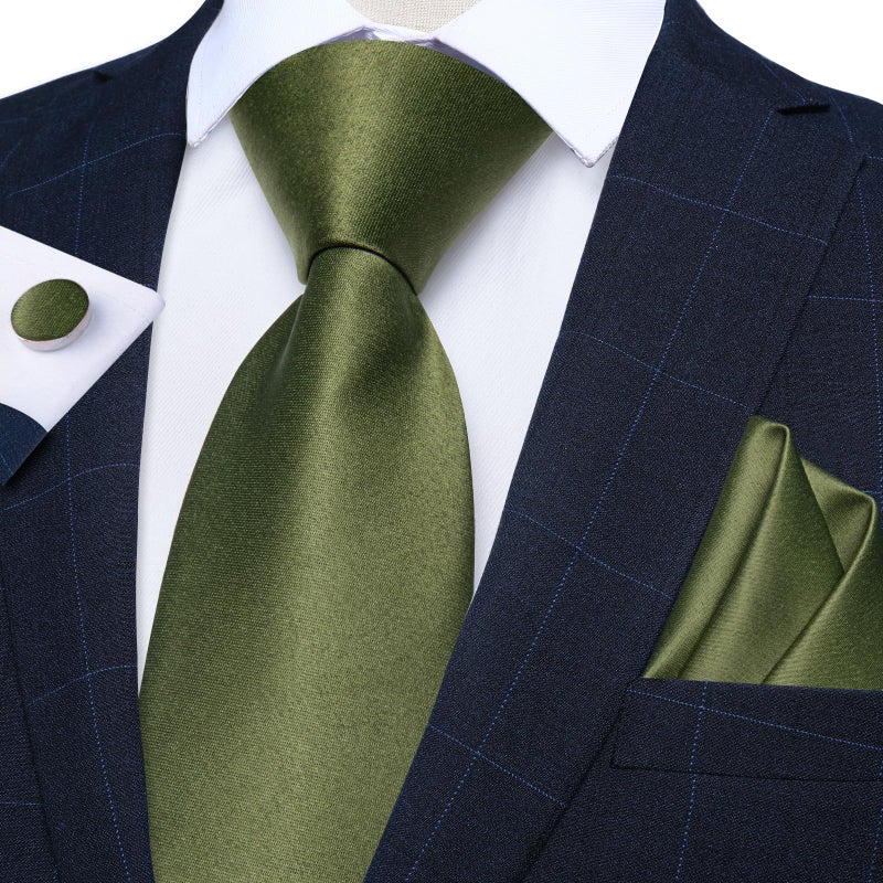 DiBanGu Mens Olive Green Tie Set Solid Green Necktie and Pocket Square Cufflinks Party Business - Image 2