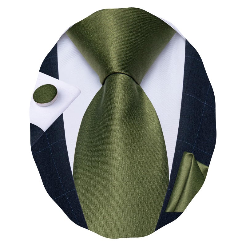 DiBanGu Mens Olive Green Tie Set Solid Green Necktie and Pocket Square Cufflinks Party Business - Image 1