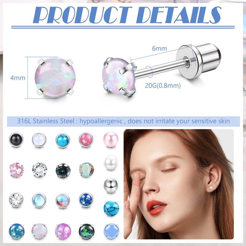 Yadoca 21Pairs Hypoallergenic Surgical Steel Earrings - Flat Back Stud Earrings for Women Men - 20G Small Flatback Stud Earrings - Screw Back Cartilage Earring Sets for Multiple Piercing - Image 2
