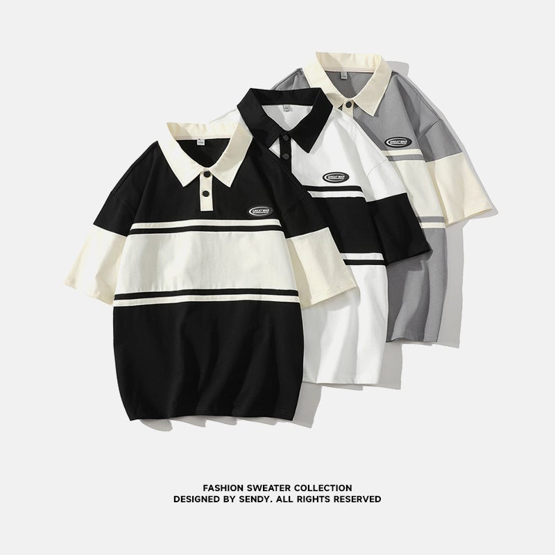 Japanese Style White Bottom Tile Style Stitching Summer Men'S Fashionable Loose Clothing Fashion Brand Hong Kong Style Short-Sleeved T-Shirt For Students - Image 2