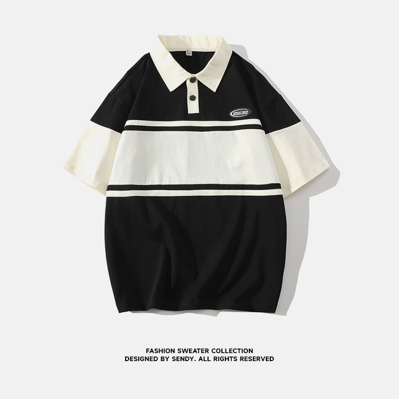 Japanese Style White Bottom Tile Style Stitching Summer Men'S Fashionable Loose Clothing Fashion Brand Hong Kong Style Short-Sleeved T-Shirt For Students - Image 3