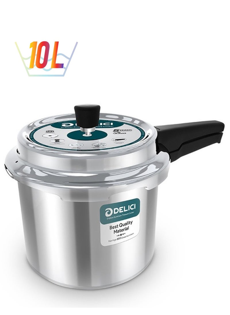 DELICI - 10Liters Dripless 10-Litre Pressure Cooker (ADPC10E) - Premium Virgin Aluminium, Smart Spillage Control, High Thermal Heating, Quality Regulator, Leak-Free Lid, Heat-Proof Handle, Anti-Bulging Bottom Silver - Image 1