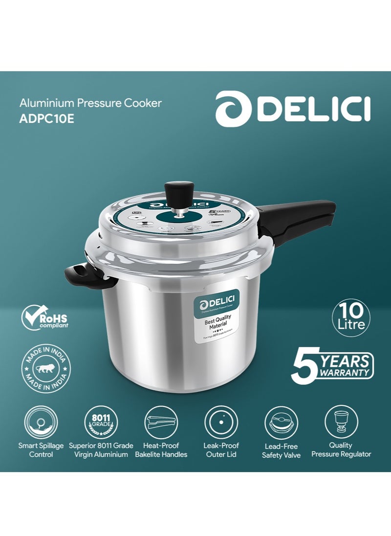 DELICI - 10Liters Dripless 10-Litre Pressure Cooker (ADPC10E) - Premium Virgin Aluminium, Smart Spillage Control, High Thermal Heating, Quality Regulator, Leak-Free Lid, Heat-Proof Handle, Anti-Bulging Bottom Silver - Image 1