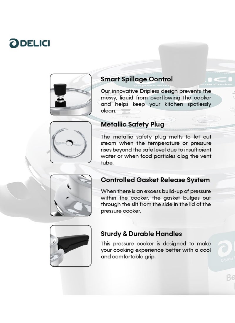 DELICI - 10Liters Dripless 10-Litre Pressure Cooker (ADPC10E) - Premium Virgin Aluminium, Smart Spillage Control, High Thermal Heating, Quality Regulator, Leak-Free Lid, Heat-Proof Handle, Anti-Bulging Bottom Silver - Image 1