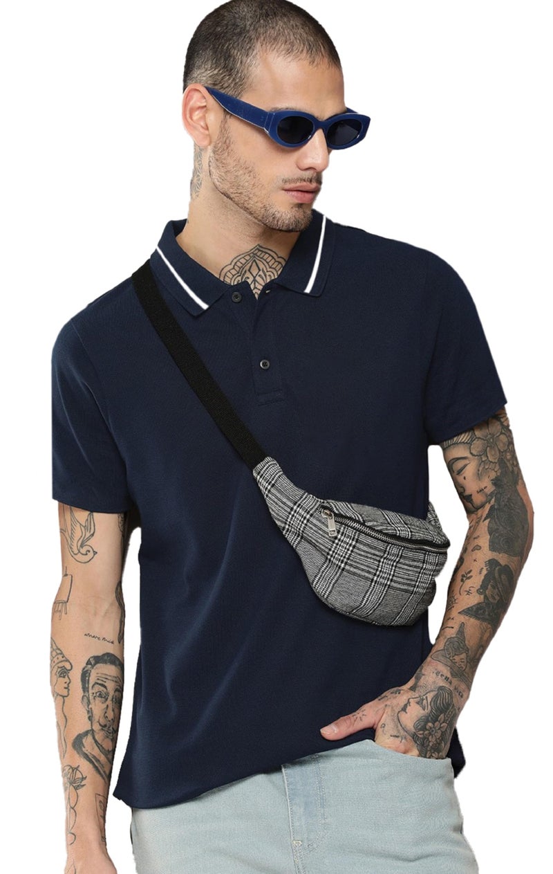 LEOTUDE Men's Regular Fit Honeycomb Half Sleeve Collar Neck Tshirt (P999_MARRN_P_Navy_2XL) - Image 3