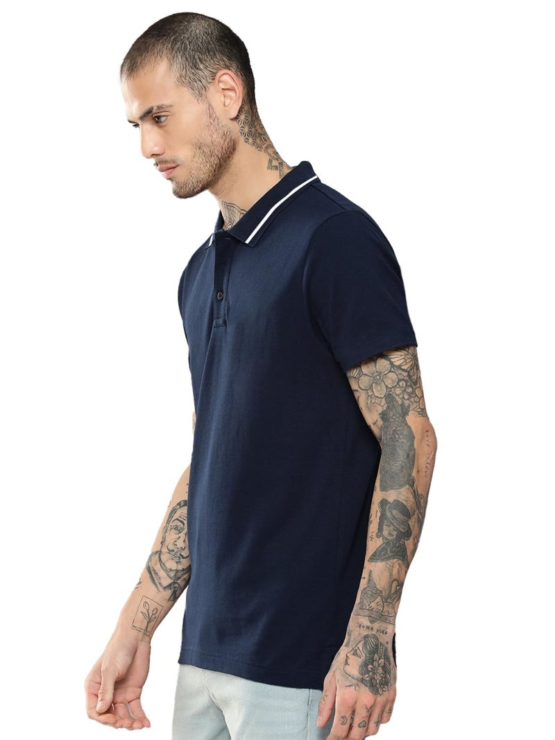 LEOTUDE Men's Regular Fit Honeycomb Half Sleeve Collar Neck Tshirt (P999_MARRN_P_Navy_2XL) - Image 2
