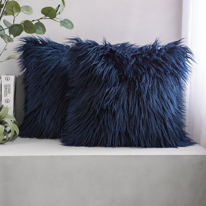 PACK OF 2 FAUX FUR SOLID THROW DECORATIVE PILLOW COVER CUSHION COVERS LUXURY SOFT DECORATIVE PILLOWCASE FUZZY PILLOW COVERS FOR BEDCOUCHNAVY BLUE 26 X 26 INCHES