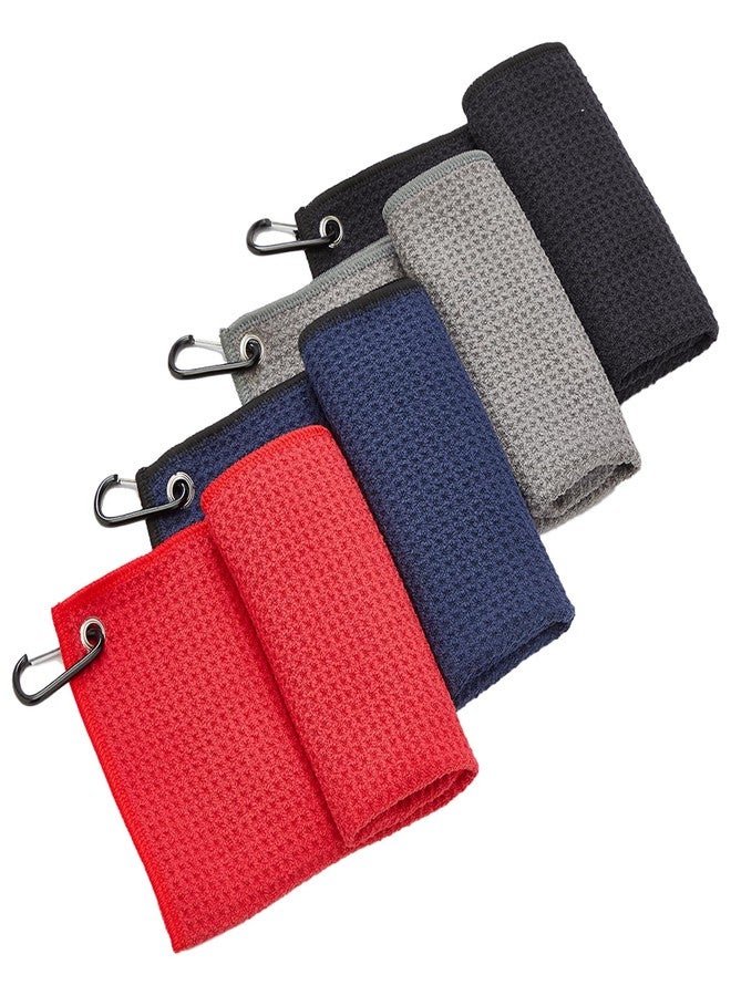 DMwespe 4 Pack Golf Towels, 11.8" X 11.8" Microfiber Golf Towel with Carabiner Clip, Waffle Pattern Golf Towels with Hook and Loop Fastener for Bag, Cleaning Towel Black/Grey/Red/Navy Blue - Image 2