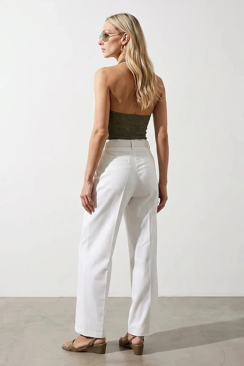 Dilvin White DILVIN Wide-Leg Belted Crepe Trousers for Women | Best Price UAE