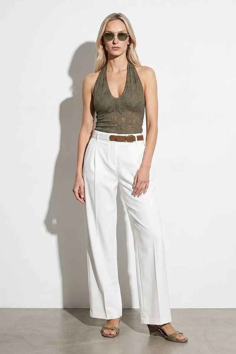 Dilvin White DILVIN Wide-Leg Belted Crepe Trousers for Women | Best Price UAE