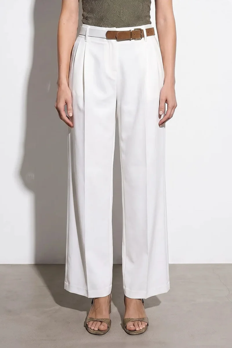 Dilvin White DILVIN Wide-Leg Belted Crepe Trousers for Women | Best Price UAE